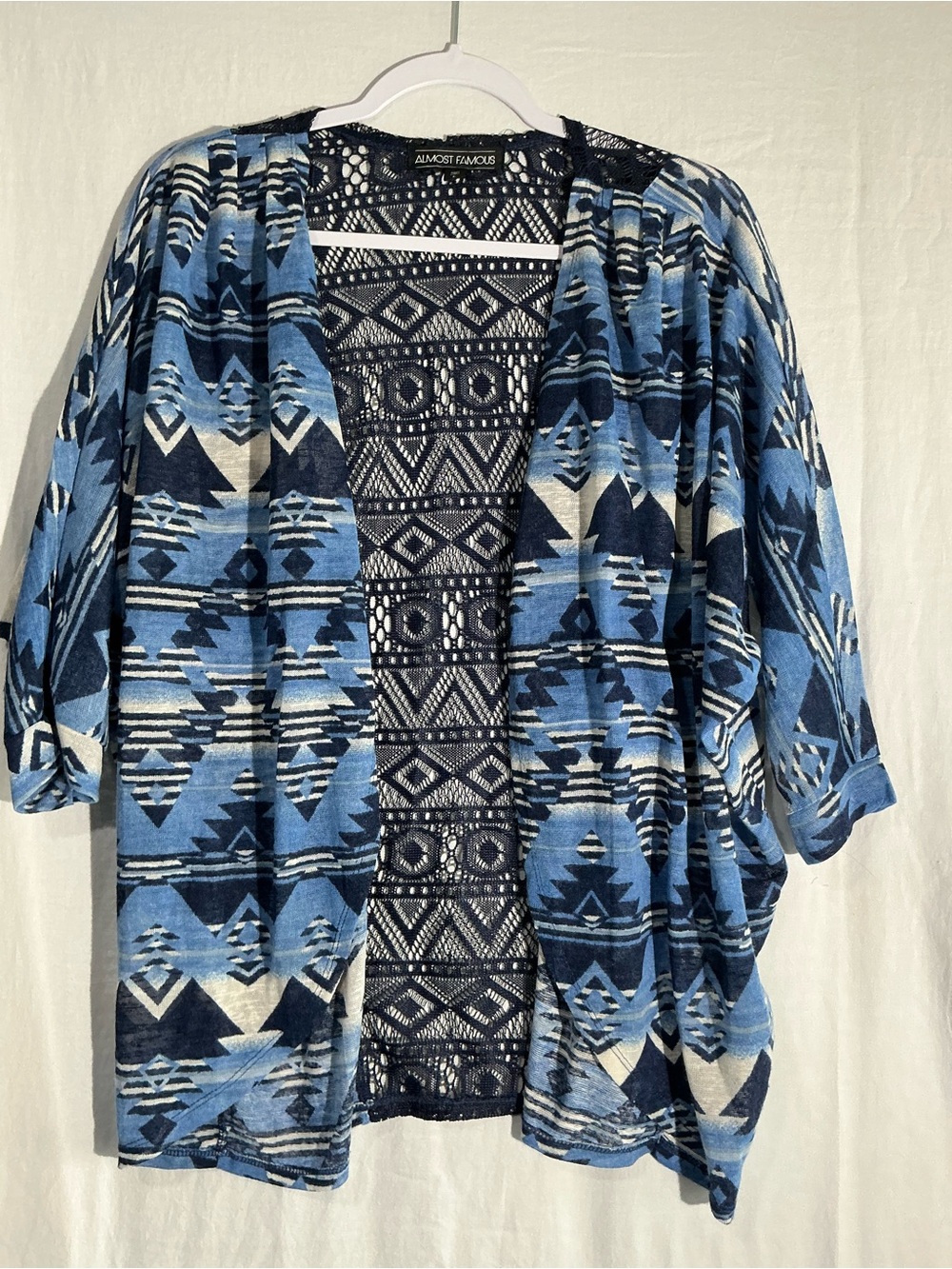 Almost Famous Blue & White Aztec Open-Front Tunic L